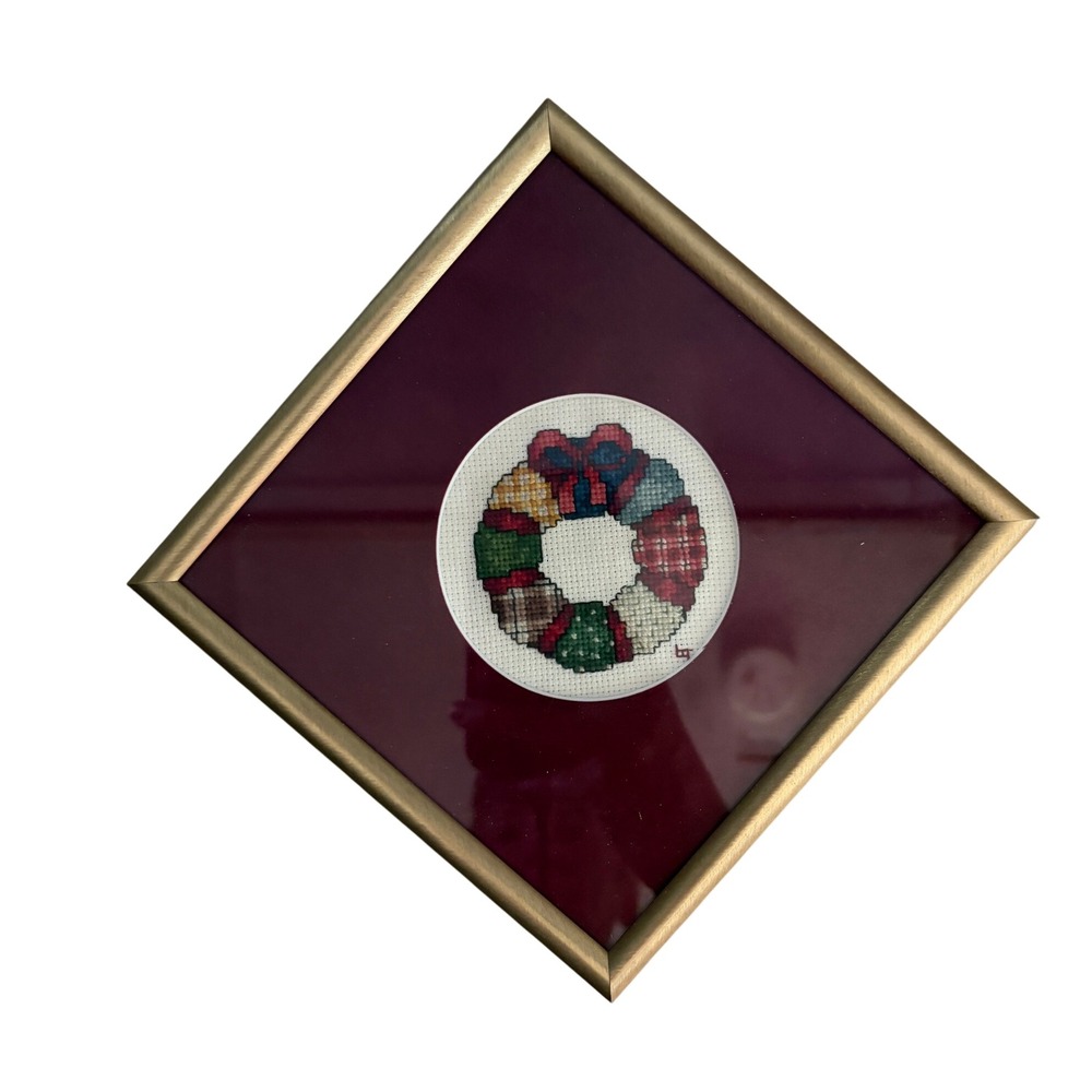 Handmade Cross Stitch Christmas Wreath Framed Art Gold Square Metal Frame 6x6